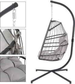 Pro Garden Lowander Hangstoel Egg 191x126x126- Schommelstoel Met Rattan Cocoon En Robuust Stalen Standaard Incl. Kussens - Volledig Inklapbaar - Lichtgrijs -Tuinbenodigdheden Bevordering 1069x1200