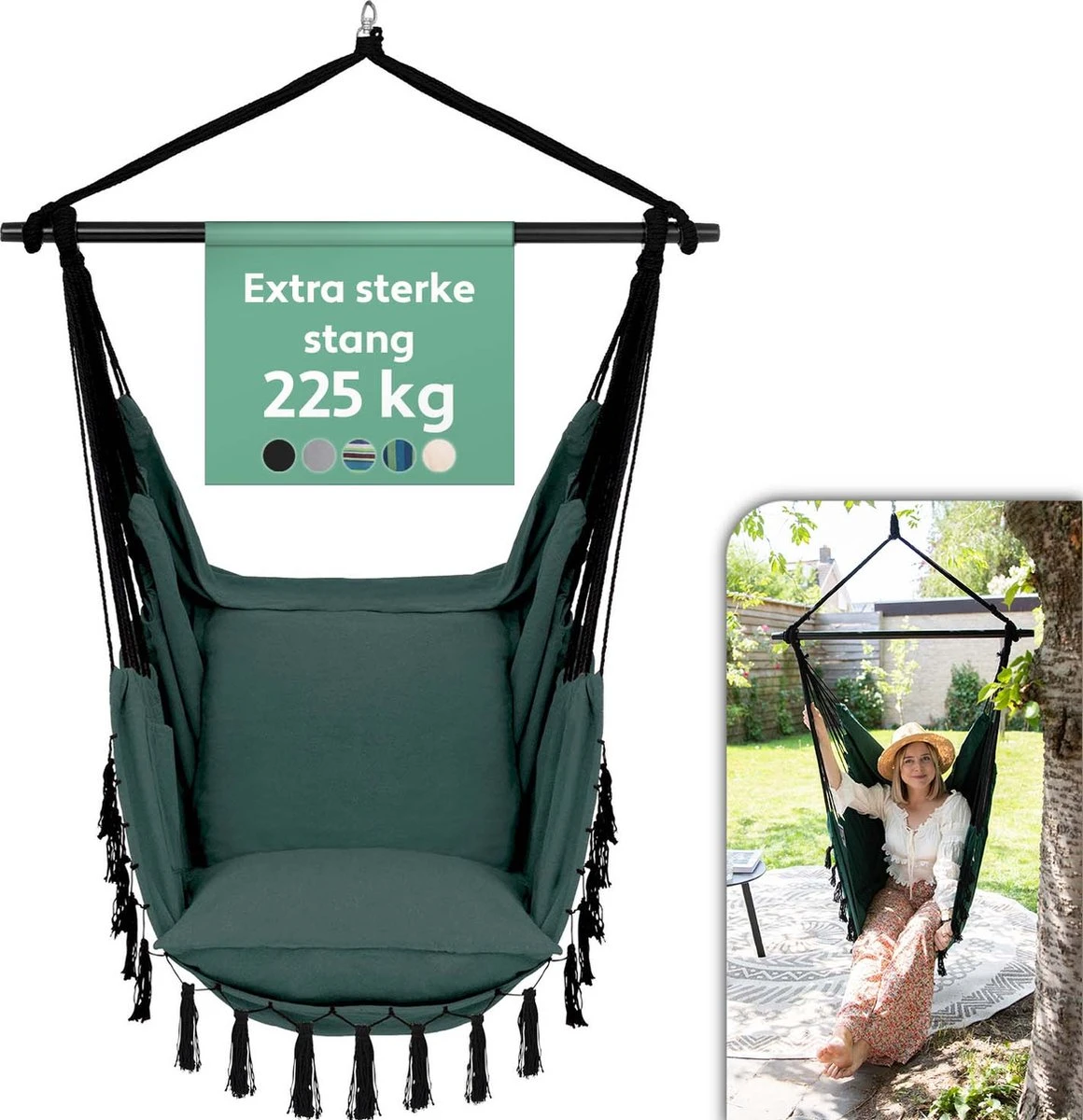 Vita5 XXL Hangstoel | Binnen&Buiten Hangnest | Incl. 2 Kussens En Boekenvak | Volwassenen&Kinderen | Hangmatstoel Tot 225kg | Donkergroen 3 Vita5 XXL Hangstoel | Binnen&Buiten Hangnest | Incl. 2 Kussens En Boekenvak | Volwassenen&Kinderen | Hangmatstoel Tot 225kg | Donkergroen