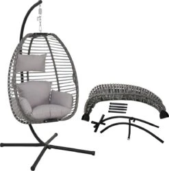 Pro Garden Lowander Hangstoel Egg 191x126x126- Schommelstoel Met Rattan Cocoon En Robuust Stalen Standaard Incl. Kussens - Volledig Inklapbaar - Lichtgrijs -Tuinbenodigdheden Bevordering 1185x1200 7