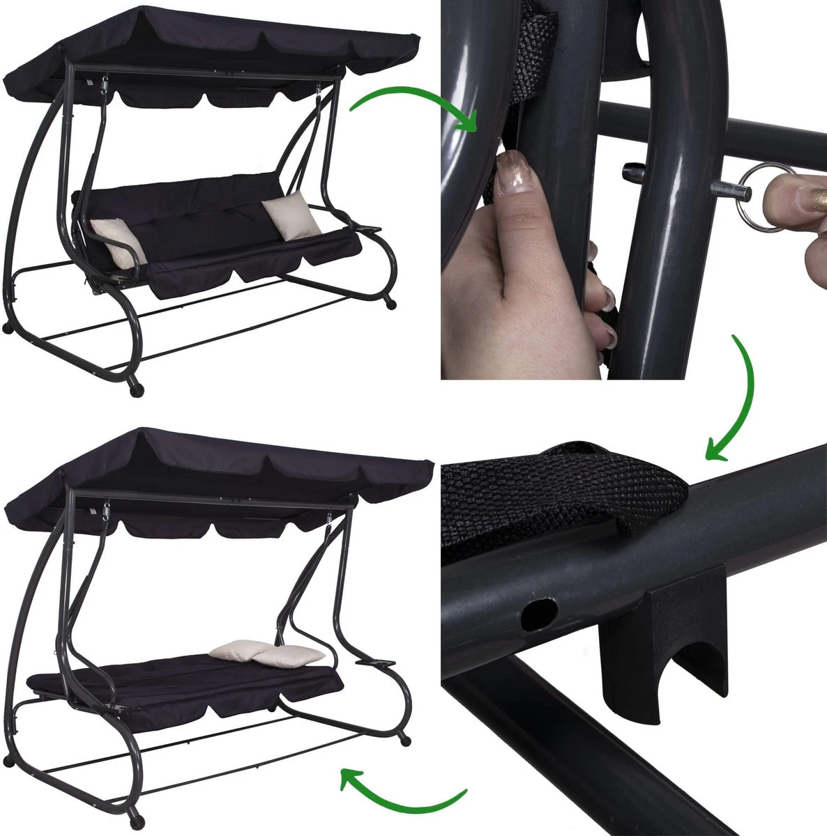 Springos Schommelbank | Linda-Schommel | 3-zits | Waterafstotend | Inclusief 2 Kussens | Verstelbare Luifel | 162 X 200 X 120 Cm | Zwart 14 Springos Schommelbank | Linda-Schommel | 3-zits | Waterafstotend | Inclusief 2 Kussens | Verstelbare Luifel | 162 X 200 X 120 Cm | Zwart - Afbeelding 12