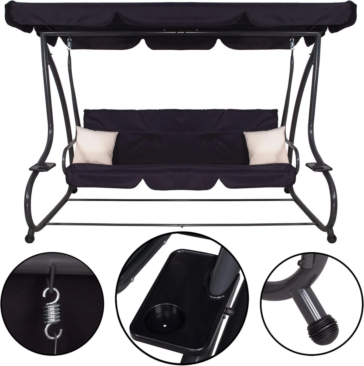 Springos Schommelbank | Linda-Schommel | 3-zits | Waterafstotend | Inclusief 2 Kussens | Verstelbare Luifel | 162 X 200 X 120 Cm | Zwart 13 Springos Schommelbank | Linda-Schommel | 3-zits | Waterafstotend | Inclusief 2 Kussens | Verstelbare Luifel | 162 X 200 X 120 Cm | Zwart - Afbeelding 11