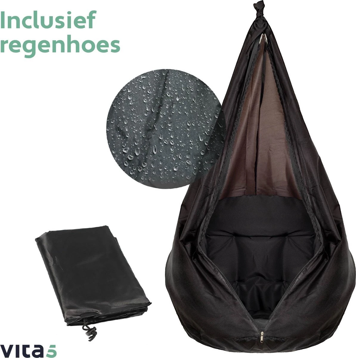 Vita5 Macramé Hangstoel - Voor Binnen En Buiten - Zonder Standaard - Incl. Kussen, Boekenvak En Beschermhoes - Tot 150kg - Zwart 11 Vita5 Macramé Hangstoel - Voor Binnen En Buiten - Zonder Standaard - Incl. Kussen, Boekenvak En Beschermhoes - Tot 150kg - Zwart - Afbeelding 9