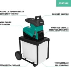 VONROC Stille Hakselaar/Shredder 2800W – Voor Takken Tot Ø45mm – Incl. 60L Opvangbak & Duwstok -Tuinbenodigdheden Bevordering 1200x1134