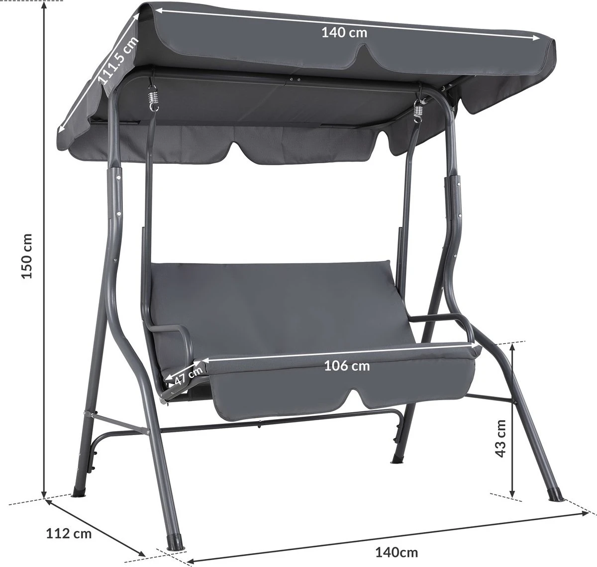 Merkloos Casaria Hollywood Schommel - Antraciet - Incl. Zonnekap 5 Merkloos Casaria Hollywood Schommel - Antraciet - Incl. Zonnekap - Afbeelding 3