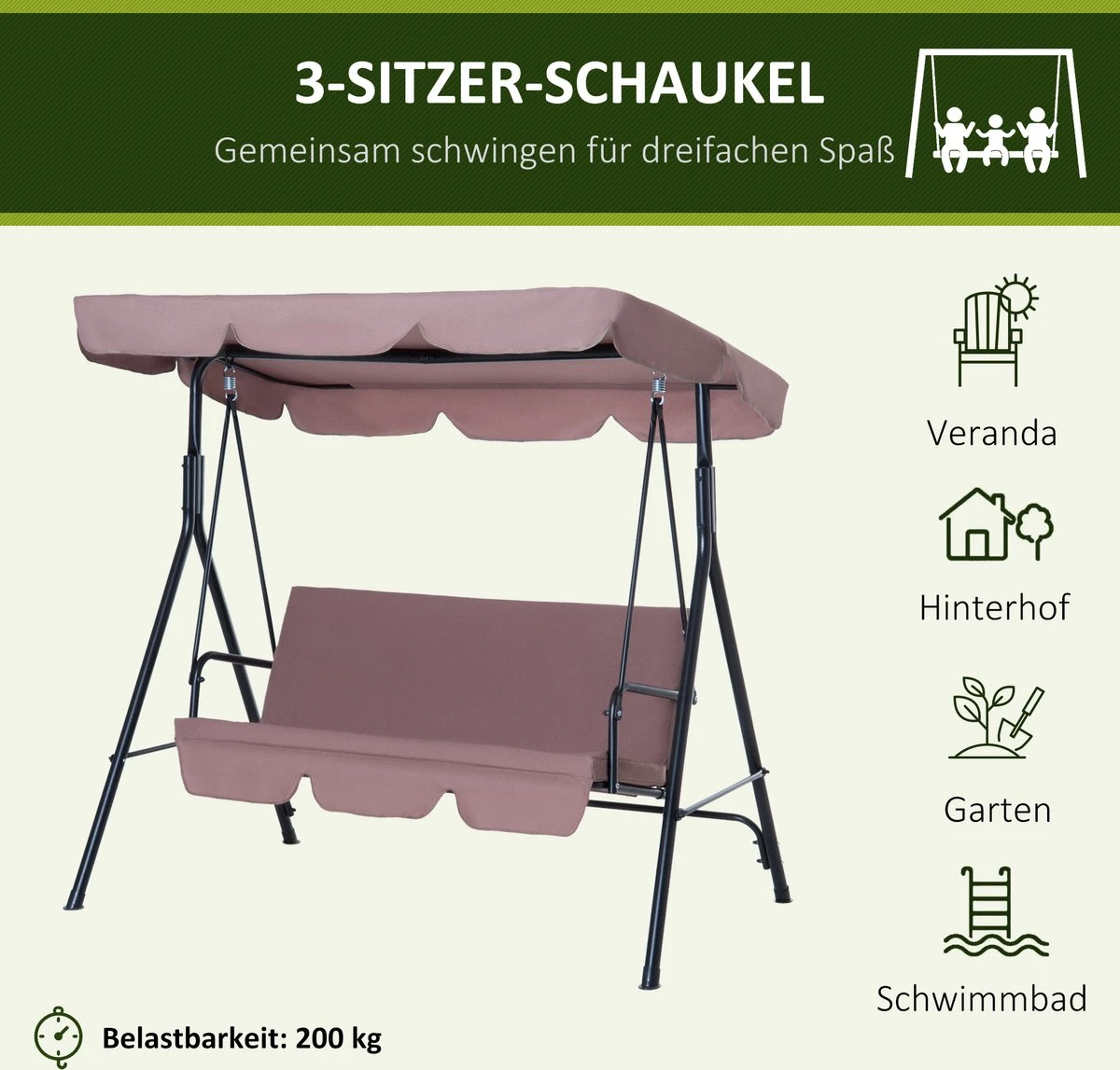 Outsunny Hollywoodschommel 3-zits Tuinschommel Schommelbank Met Dak 3 Kleuren 84A-054 7 Outsunny Hollywoodschommel 3-zits Tuinschommel Schommelbank Met Dak 3 Kleuren 84A-054 - Afbeelding 5