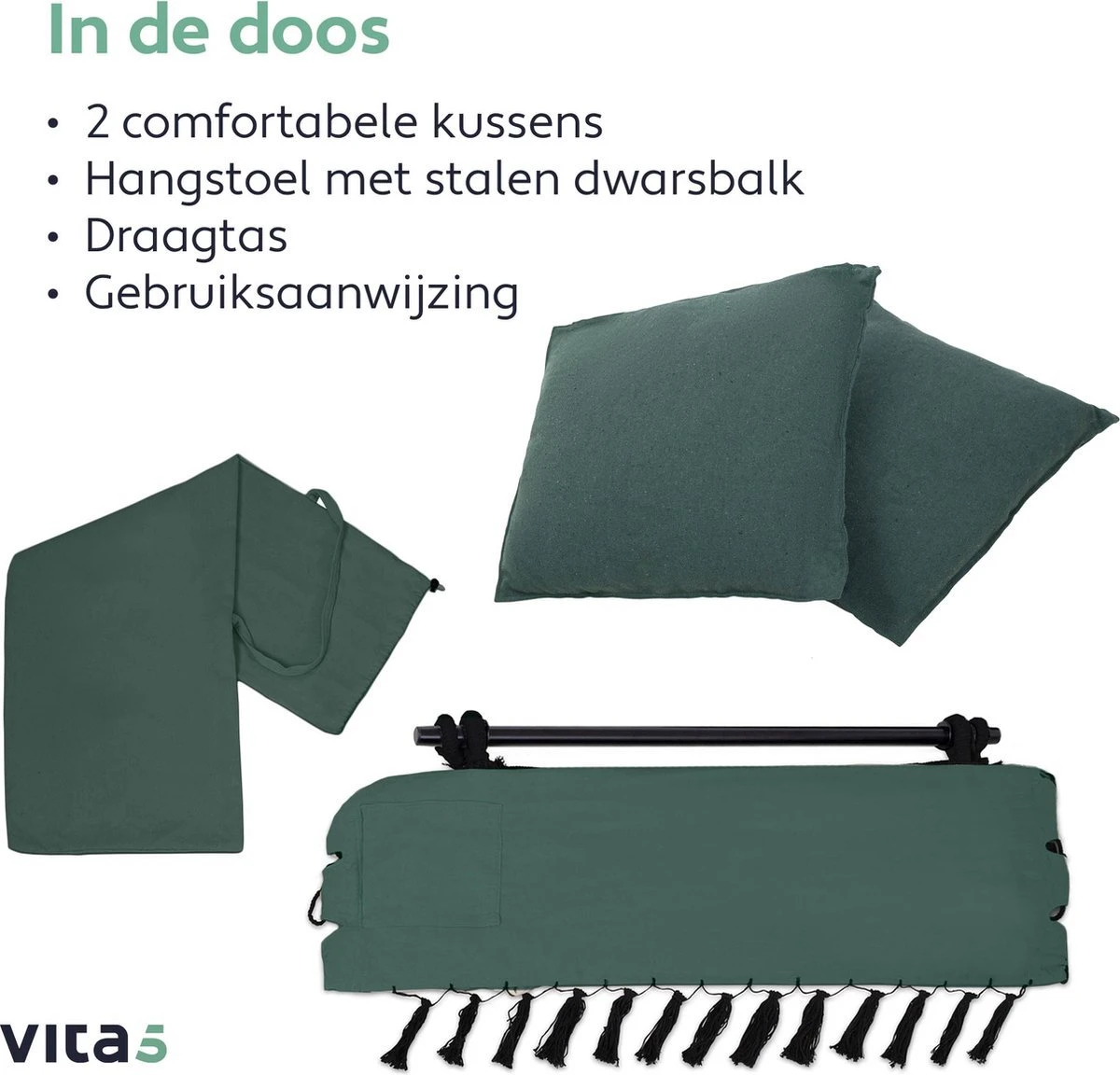 Vita5 XXL Hangstoel | Binnen&Buiten Hangnest | Incl. 2 Kussens En Boekenvak | Volwassenen&Kinderen | Hangmatstoel Tot 225kg | Donkergroen 10 Vita5 XXL Hangstoel | Binnen&Buiten Hangnest | Incl. 2 Kussens En Boekenvak | Volwassenen&Kinderen | Hangmatstoel Tot 225kg | Donkergroen - Afbeelding 8