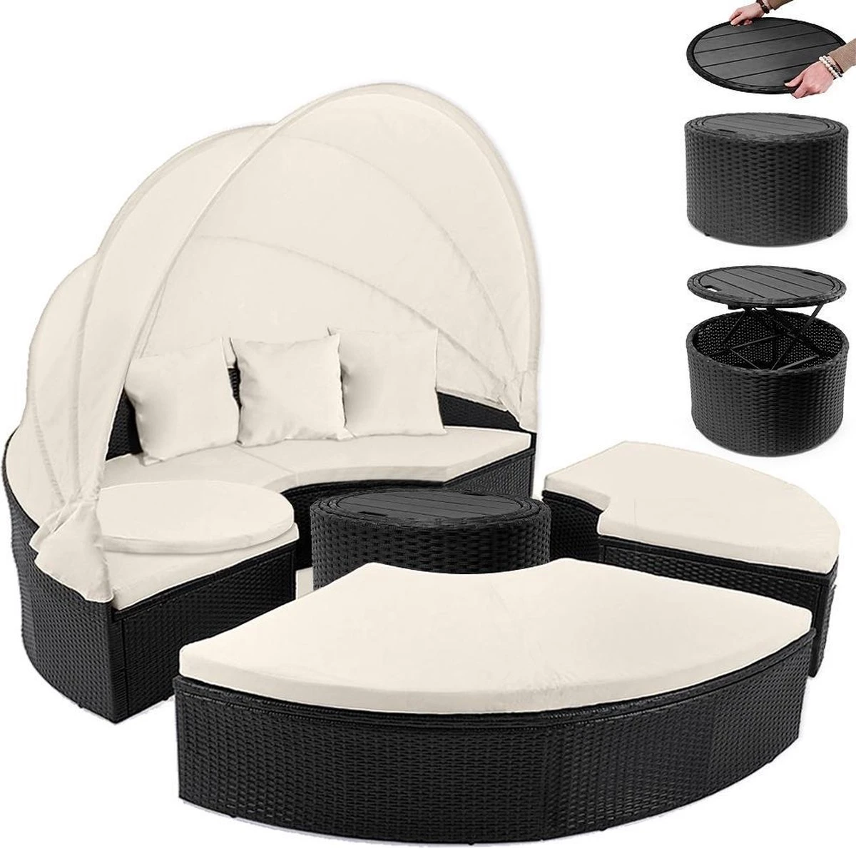 Casaria Polyrattan Zonne-Eiland Ø185cm – Incl. Kussens - Zwart Crème 7 Casaria Polyrattan Zonne-Eiland Ø185cm – Incl. Kussens - Zwart Crème - Afbeelding 5