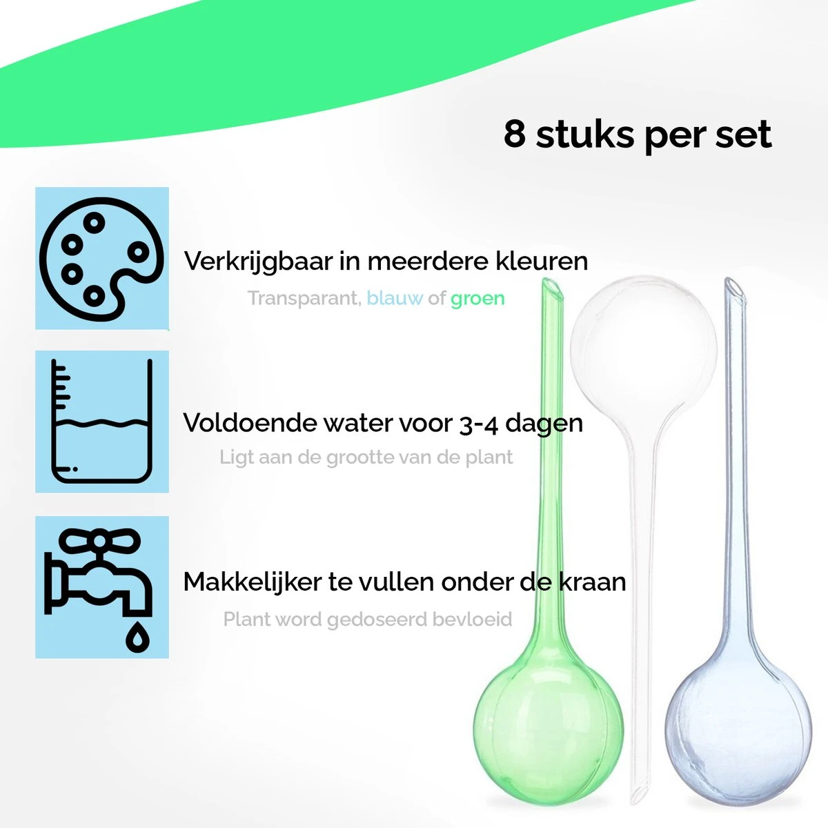 HGMD Waterdruppelaar Set Van 8 Stuks Voor Planten Transparant - Groen - Waterdruppelaar Voor Kamerplanten – Waterbol - Waterdruppelaar Voor Planten - Watergeefsysteem 4 HGMD Waterdruppelaar Set Van 8 Stuks Voor Planten Transparant - Groen - Waterdruppelaar Voor Kamerplanten – Waterbol - Waterdruppelaar Voor Planten - Watergeefsysteem - Afbeelding 2