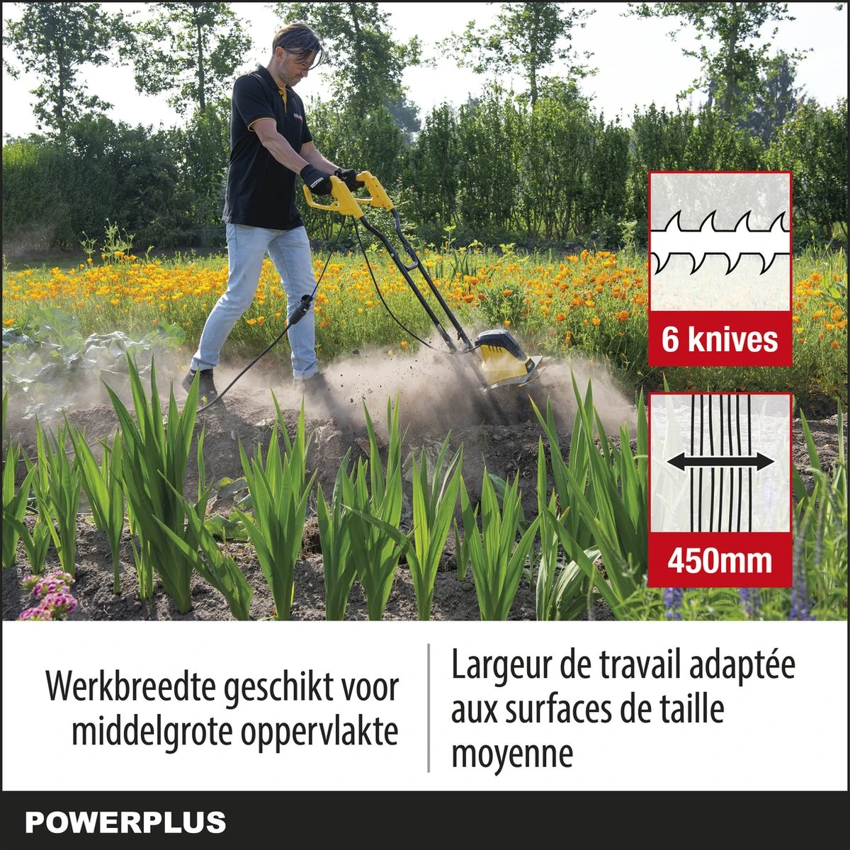 Powerplus POWXG72010 Tuinfrees - 1500W - Werkbreedte 450mm - Werkdiepte Max. 220mm - Incl. 6 Messen En Wielen 8 Powerplus POWXG72010 Tuinfrees - 1500W - Werkbreedte 450mm - Werkdiepte Max. 220mm - Incl. 6 Messen En Wielen - Afbeelding 6