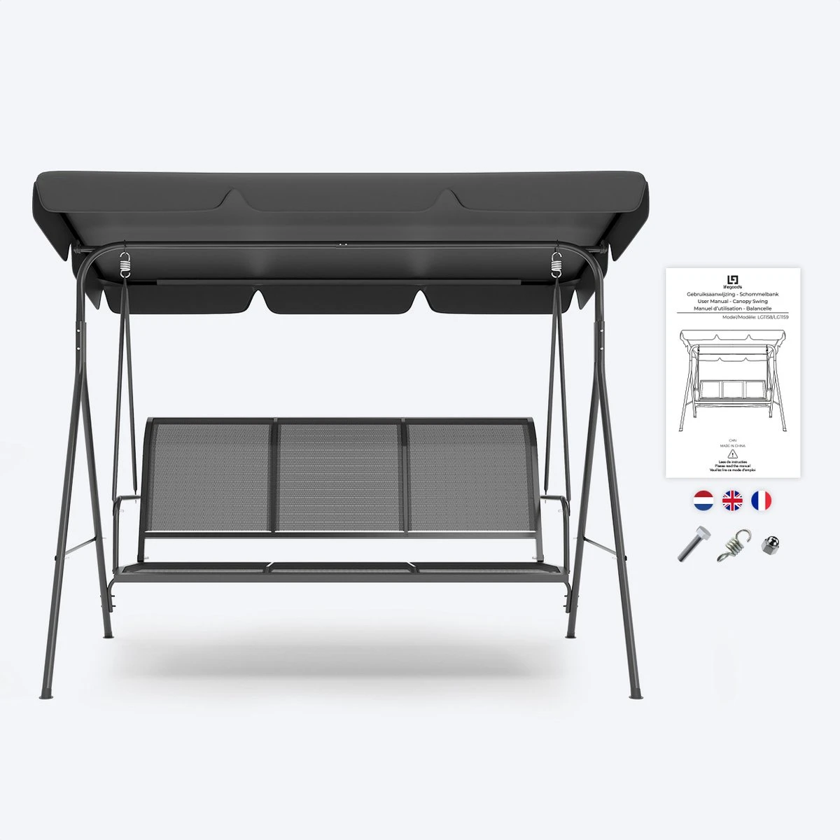 LifeGoods Schommelbank - 3-zits - Tot 250KG - Kantelbaar Dak - UV-bestendig Zonnescherm - 172x104x162cm - Grijs 9 LifeGoods Schommelbank - 3-zits - Tot 250KG - Kantelbaar Dak - UV-bestendig Zonnescherm - 172x104x162cm - Grijs - Afbeelding 7