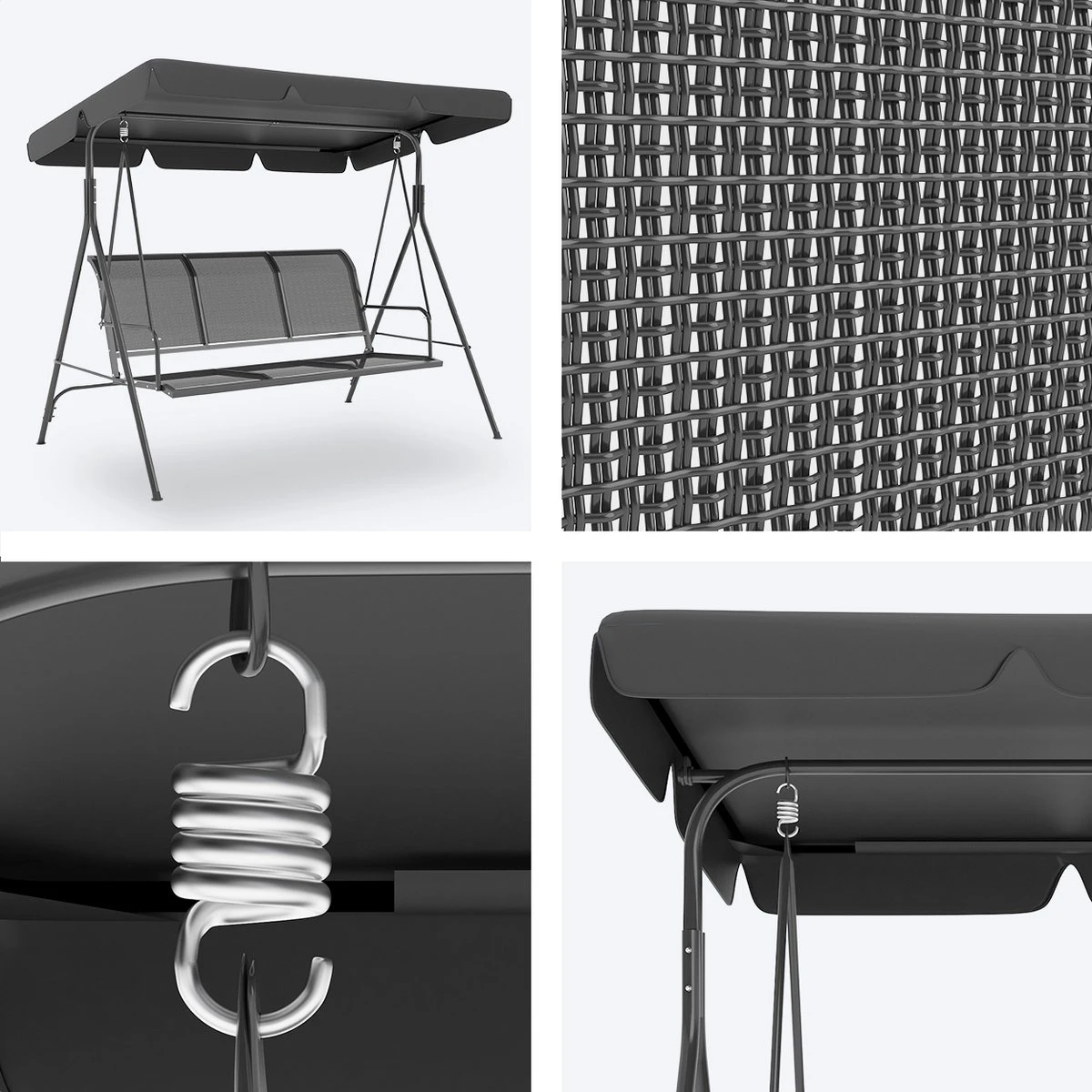 LifeGoods Schommelbank - 3-zits - Tot 250KG - Kantelbaar Dak - UV-bestendig Zonnescherm - 172x104x162cm - Grijs 10 LifeGoods Schommelbank - 3-zits - Tot 250KG - Kantelbaar Dak - UV-bestendig Zonnescherm - 172x104x162cm - Grijs - Afbeelding 8