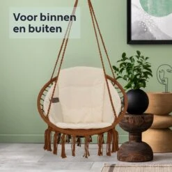 Vita5 Macramé Hangstoel - Voor Binnen En Buiten - Zonder Standaard - Incl. Kussen, Boekenvak En Beschermhoes - Tot 150kg - Bruin/Beige -Tuinbenodigdheden Bevordering 1200x1200 828