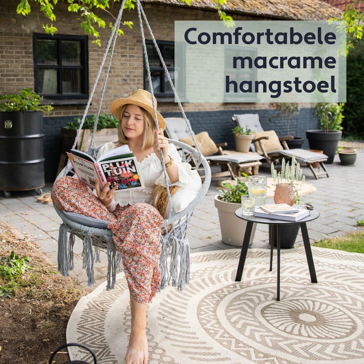 Vita5 Macramé Hangstoel - Voor Binnen En Buiten - Zonder Standaard - Incl. Kussen, Boekenvak En Beschermhoes - Tot 150kg - Grijs 4 Vita5 Macramé Hangstoel - Voor Binnen En Buiten - Zonder Standaard - Incl. Kussen, Boekenvak En Beschermhoes - Tot 150kg - Grijs - Afbeelding 2