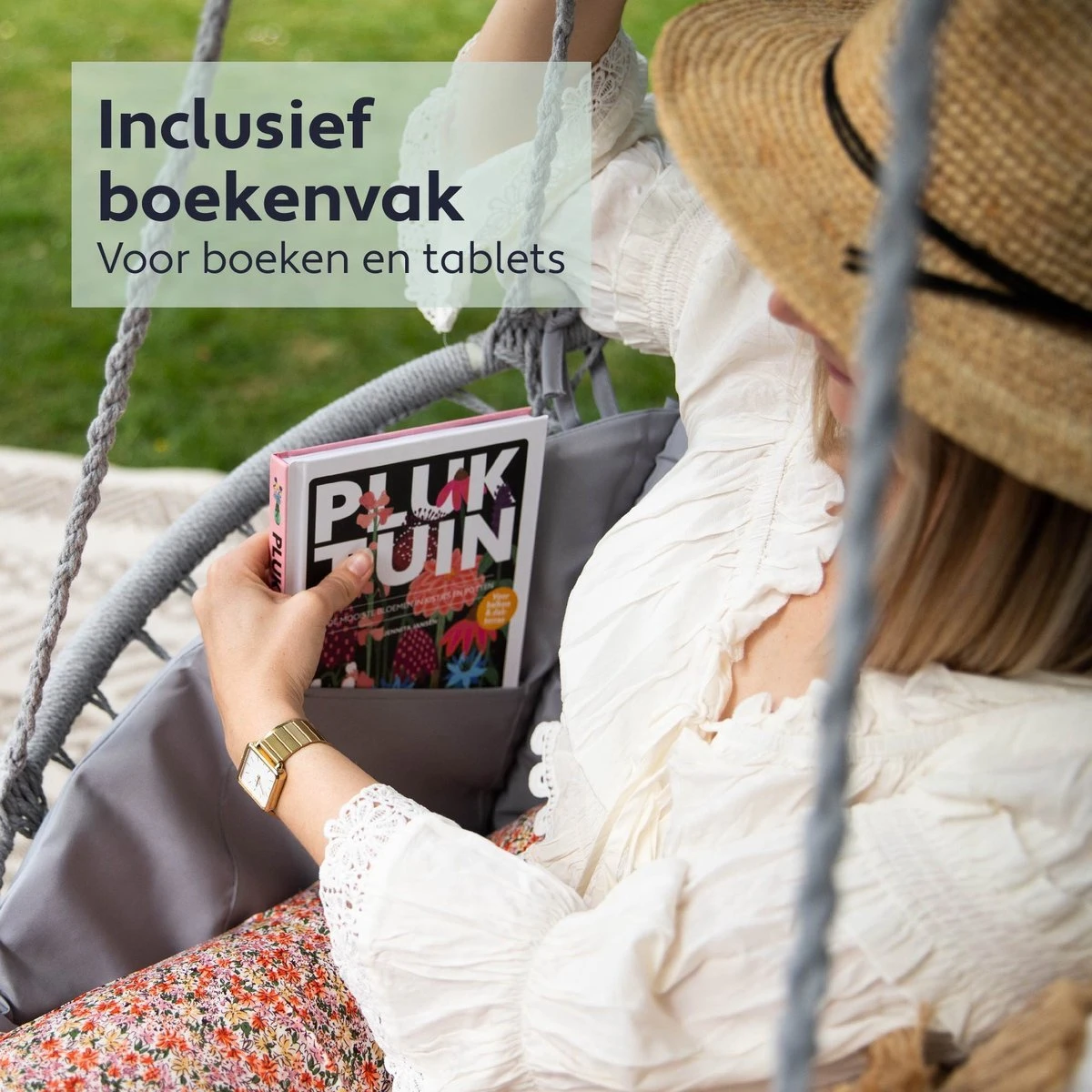 Vita5 Macramé Hangstoel - Voor Binnen En Buiten - Zonder Standaard - Incl. Kussen, Boekenvak En Beschermhoes - Tot 150kg - Grijs 5 Vita5 Macramé Hangstoel - Voor Binnen En Buiten - Zonder Standaard - Incl. Kussen, Boekenvak En Beschermhoes - Tot 150kg - Grijs - Afbeelding 3