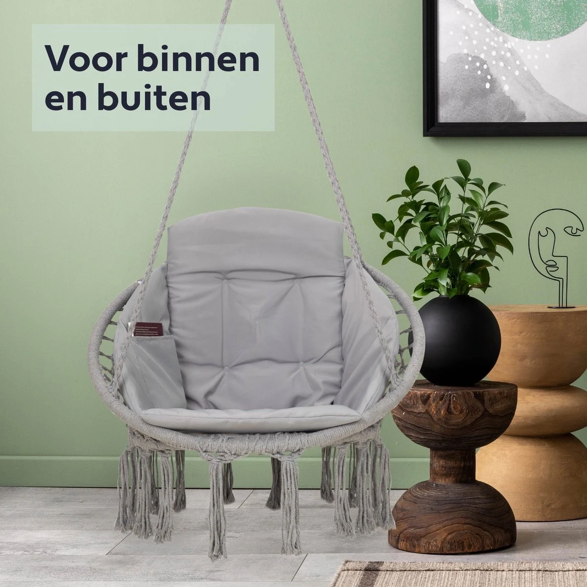 Vita5 Macramé Hangstoel - Voor Binnen En Buiten - Zonder Standaard - Incl. Kussen, Boekenvak En Beschermhoes - Tot 150kg - Grijs 12 Vita5 Macramé Hangstoel - Voor Binnen En Buiten - Zonder Standaard - Incl. Kussen, Boekenvak En Beschermhoes - Tot 150kg - Grijs - Afbeelding 10