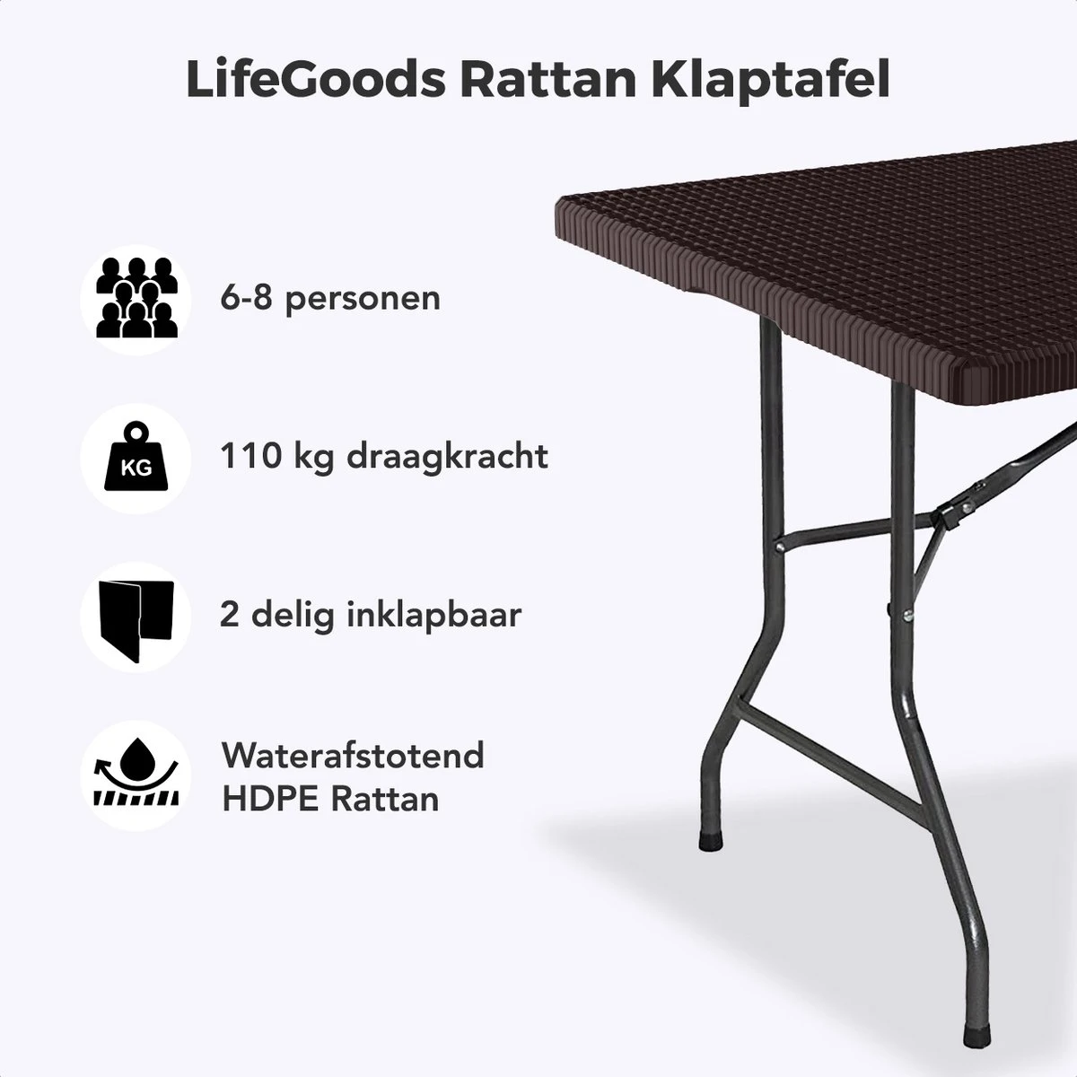 LifeGoods Klaptafel - Inklapbaar - 180 Cm - 6 Tot 8 Personen - Bruin 4 LifeGoods Klaptafel - Inklapbaar - 180 Cm - 6 Tot 8 Personen - Bruin - Afbeelding 2