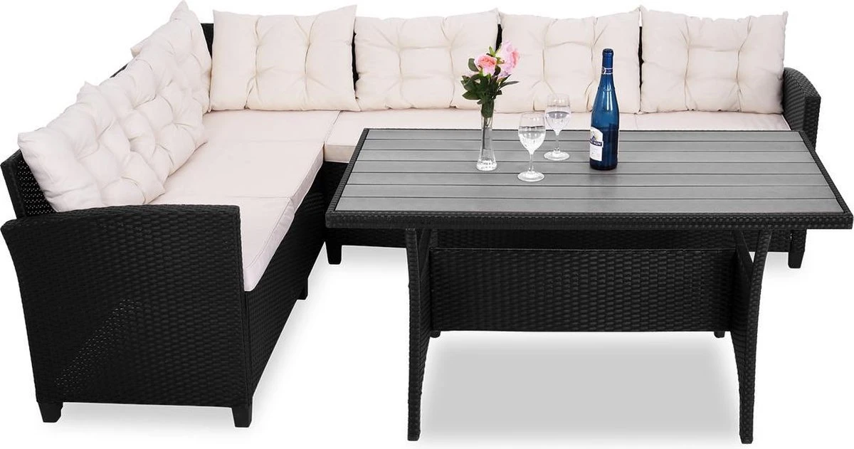 Casaria Polyrattan Tuinset - 15 Delig Voor 6 Personen – Crème Zwart 4 Casaria Polyrattan Tuinset - 15 Delig Voor 6 Personen – Crème Zwart - Afbeelding 2