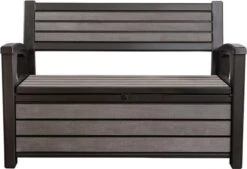 Keter - Hudson Bench Box - 2-zits Bank - Opbergbox - Hout Look & Feel - 227L - 138x63x89cm - Antraciet -Tuinbenodigdheden Bevordering 1200x822 3