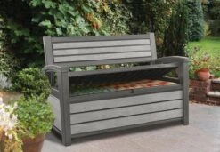 Keter - Hudson Bench Box - 2-zits Bank - Opbergbox - Hout Look & Feel - 227L - 138x63x89cm - Antraciet -Tuinbenodigdheden Bevordering 1200x832 2