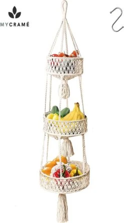 Macramé 3-Laags Hangende Fruitmand - Bohemian Mand Plantenhanger - Handgemaakt Katoen Touw Fruitschaal Hangmand - Boho Ophangbaar Etagere - Decoratieve Fruit Schaal/Basket - Opbergmand Organizer - Keuken/Balkon Decoratie - Hangpot Voor Binnen/Buiten