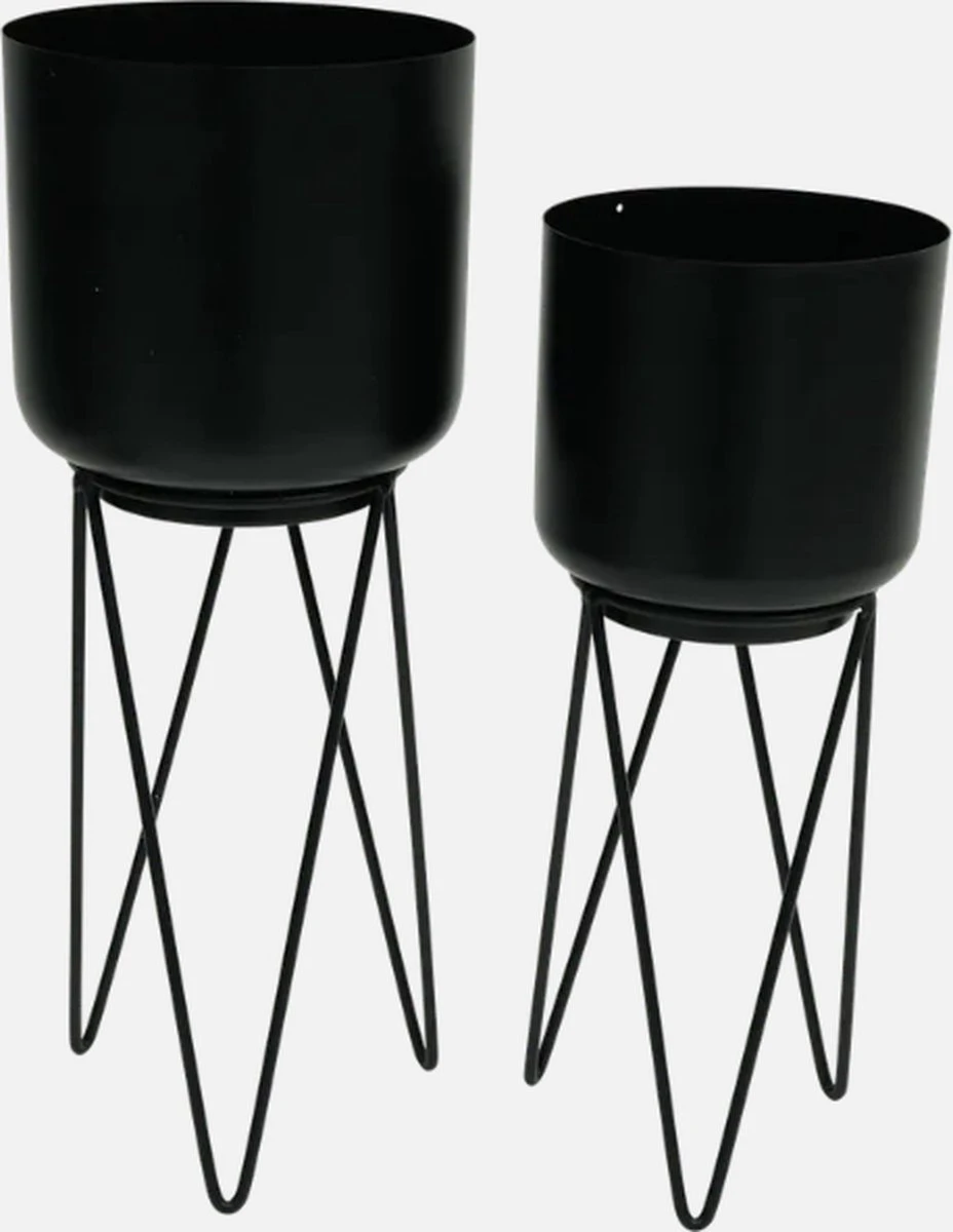 Merkloos Set Metalen Pot Op Standaard - 2 Stuks - Ø 15 X 38,5 Cm + Ø 12,5 X 33,5 Cm - Zwart 3 Merkloos Set Metalen Pot Op Standaard - 2 Stuks - Ø 15 X 38,5 Cm + Ø 12,5 X 33,5 Cm - Zwart
