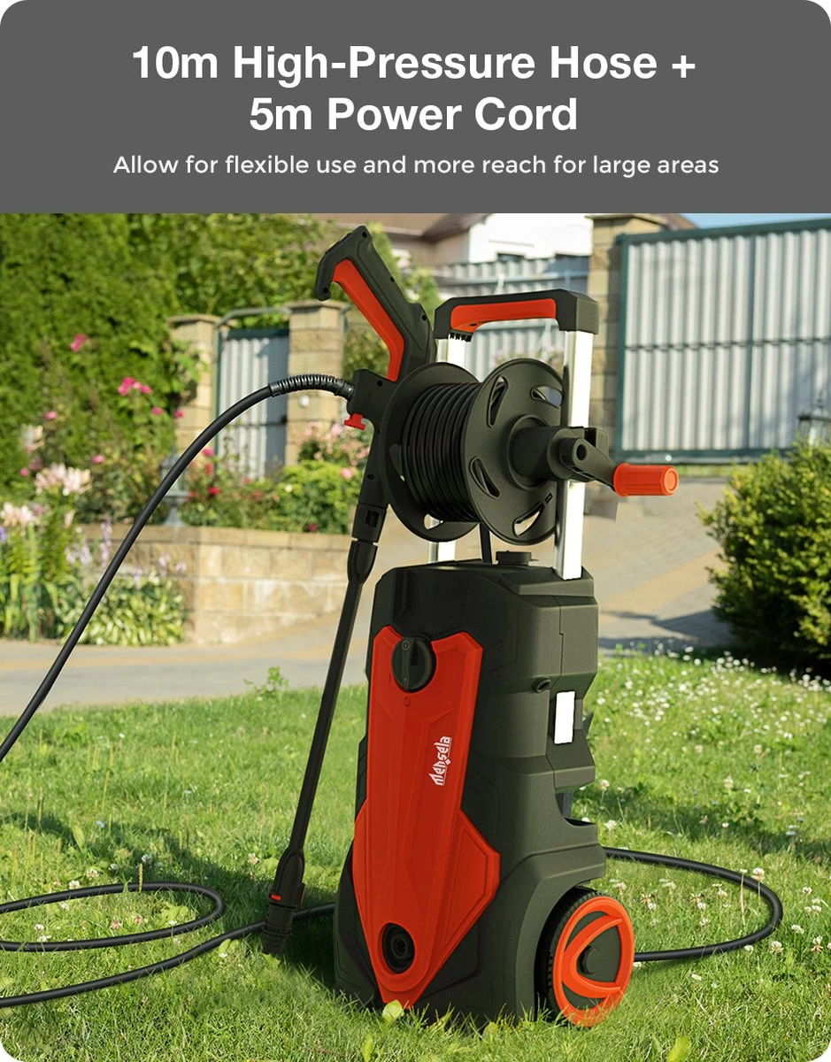 Merkloos Home Hogedrukreiniger - 2100W - 165 Bar - Met Verstelbare Nozzles Slanghaspel 5m Netsnoer 10m Slang - Voor Reiniging Huis Auto Tuin 10 Merkloos Home Hogedrukreiniger - 2100W - 165 Bar - Met Verstelbare Nozzles Slanghaspel 5m Netsnoer 10m Slang - Voor Reiniging Huis Auto Tuin - Afbeelding 8